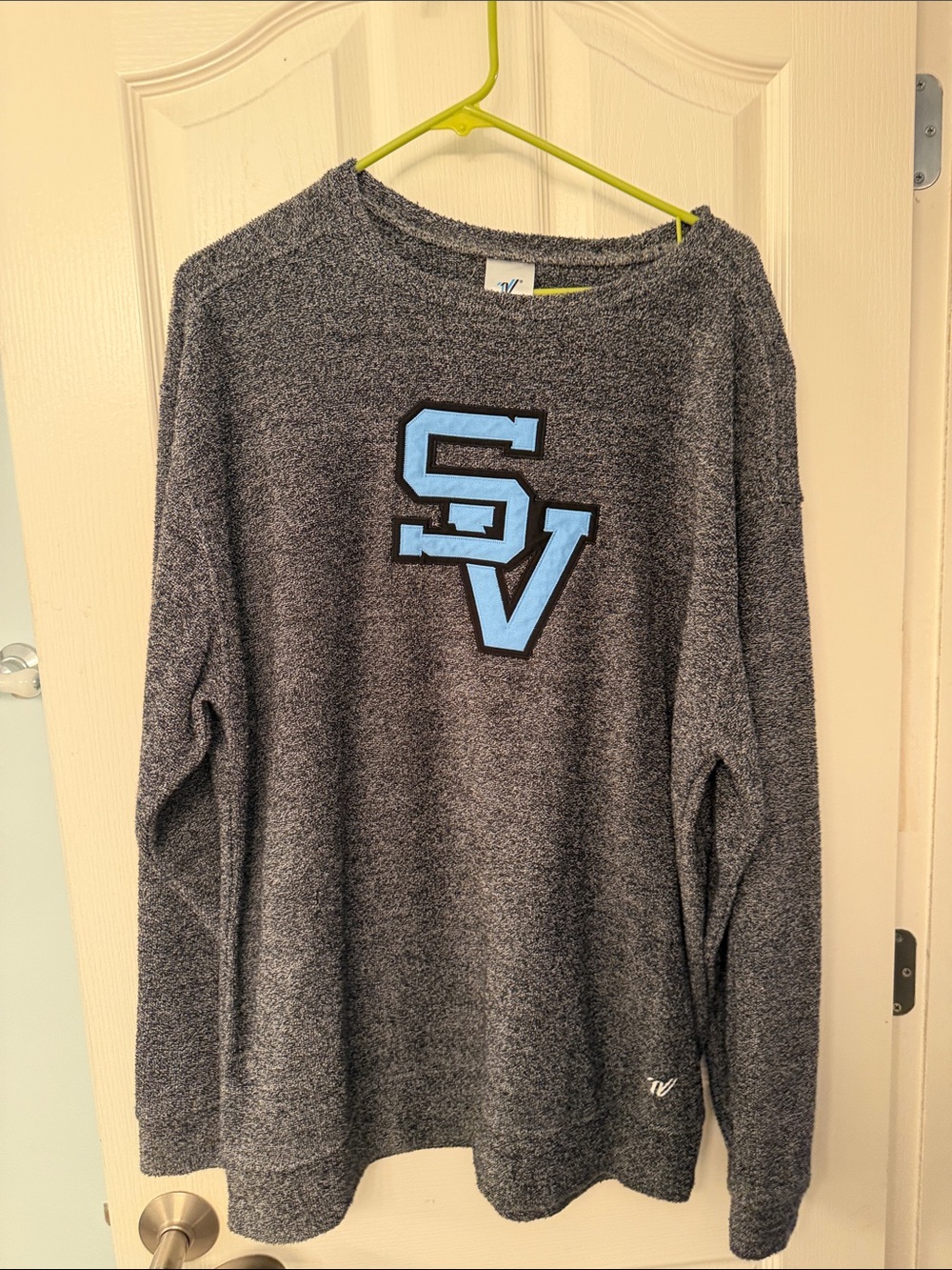 Varsity Gray Crewneck Sweater with Light Blue SV Patch